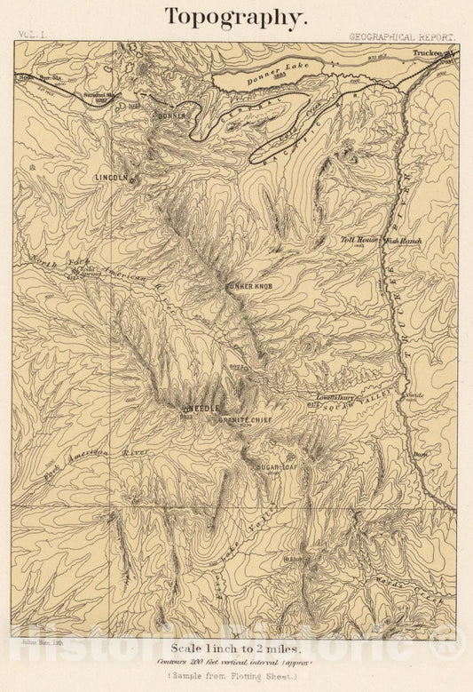 Historic Map : Topography (Truckee-Donner Pass Region, California), 1889, Vintage Wall Art