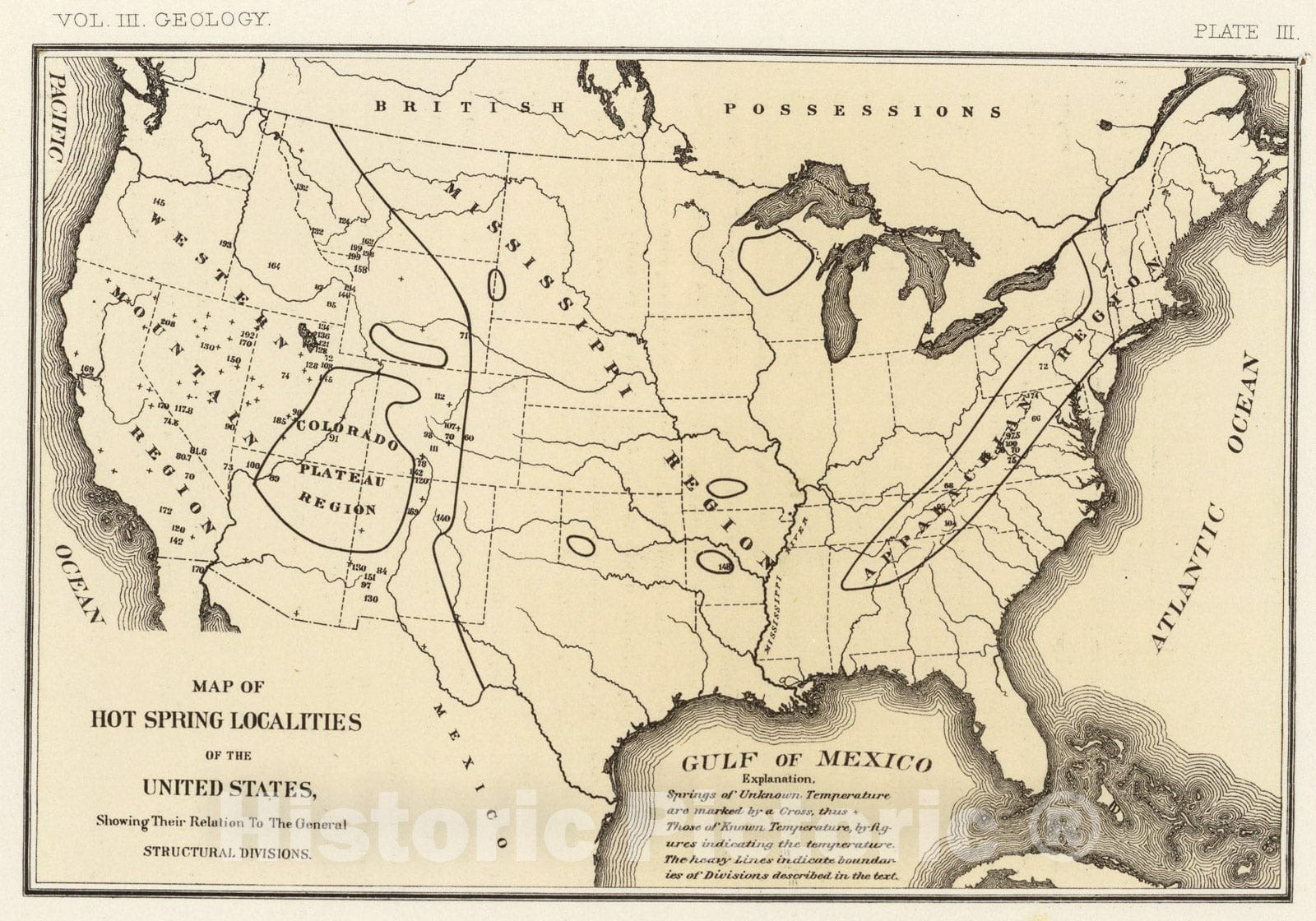 Historic Map : Map, hot springs, United States., 1875, Vintage Wall Art