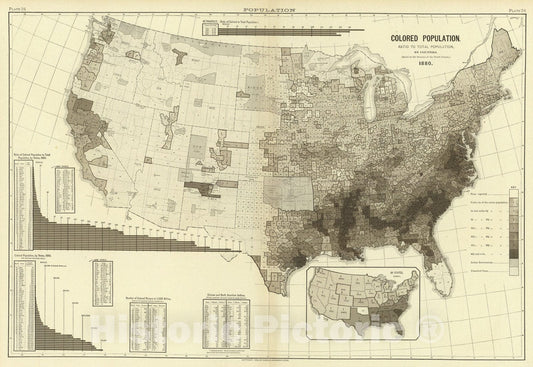 Historic Map : 24. Colored population by counties., 1883, Vintage Wall Art