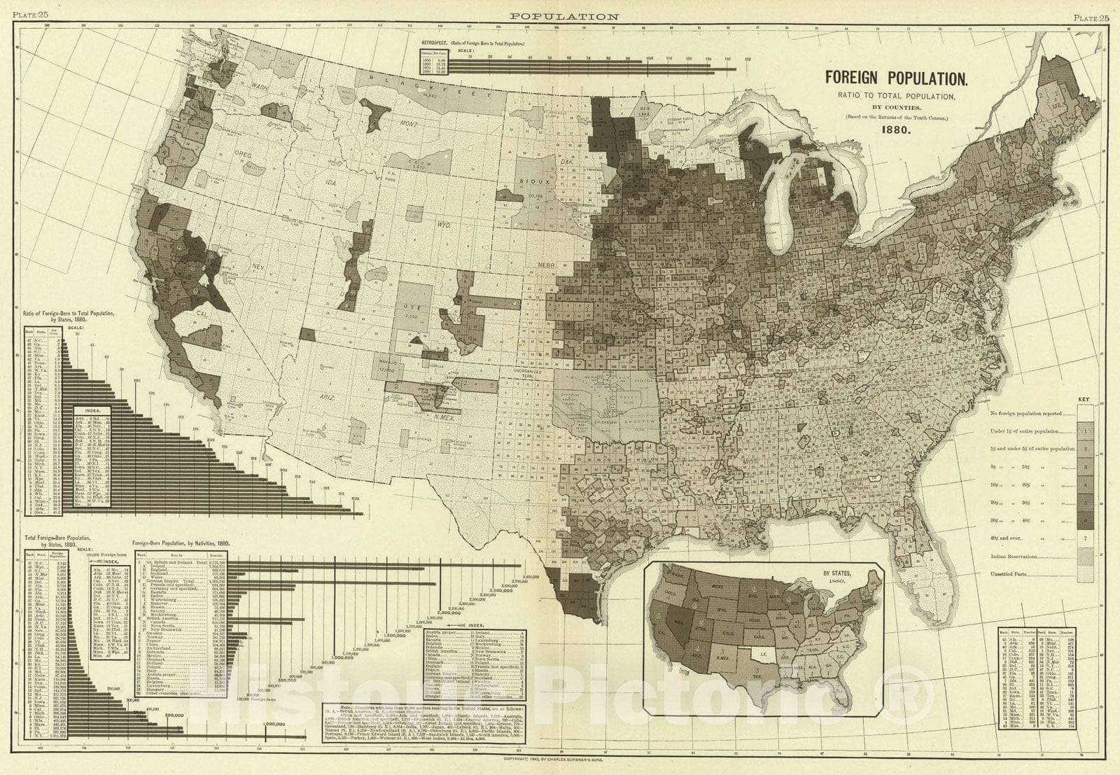 Historic Map : 25. Foreign population by counties., 1883, Vintage Wall Art
