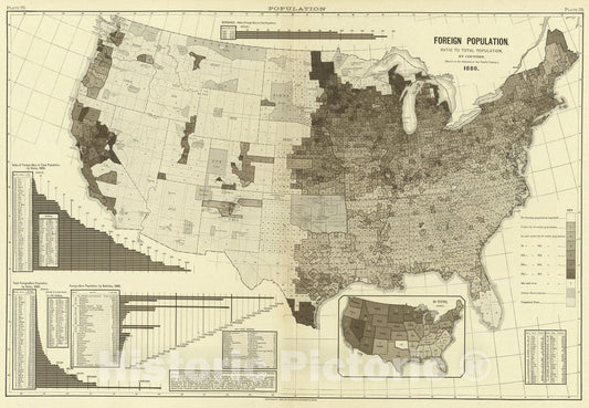 Historic Map : 25. Foreign population by counties., 1883, Vintage Wall Art