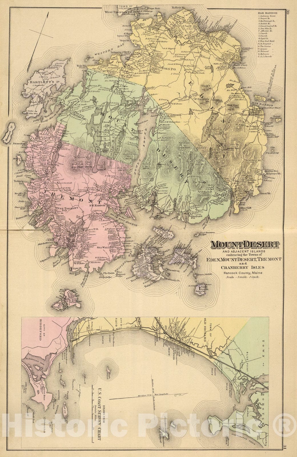 Historic Map : Mount Desert, adjacent islands., 1885, Vintage Wall Art