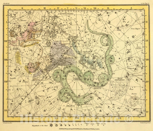 Historic Map : (Ursa Minor, Cassiopeia, Tarandus, Cepheus, Draco, Custos Messium), 1822, Vintage Wall Art