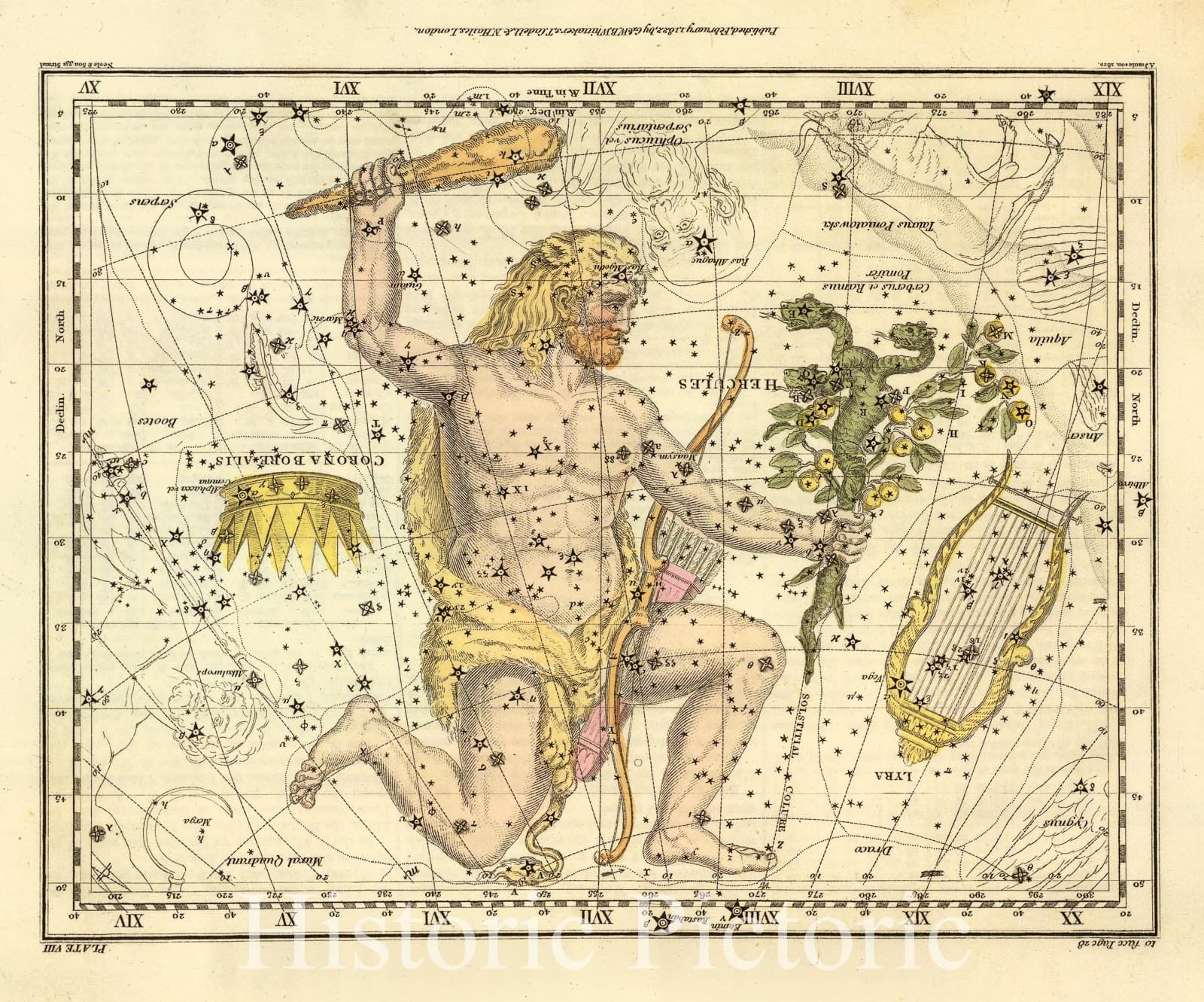 Historic Map : (Corona Borealis, Hercules, Cerberus, Lyra), 1822, Vintage Wall Art