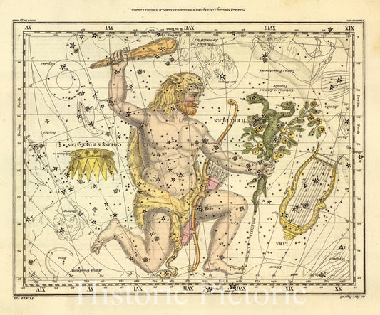 Corona Borealis, Hercules, Cerberus, Lyra - Celestial Map, 1822