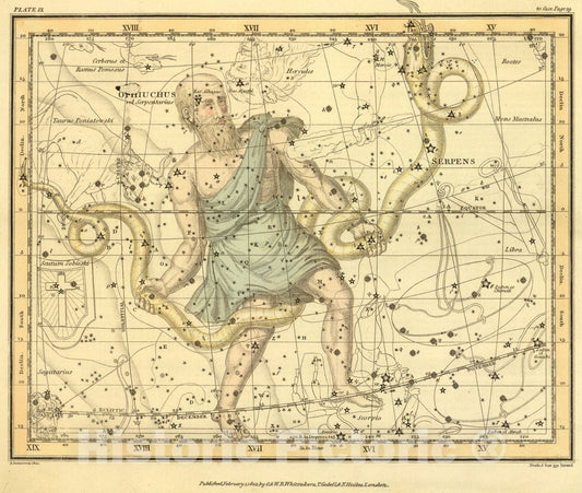 Historic Map : (Ophiuchus or Serpentarius and Serpens), 1822, Vintage Wall Art