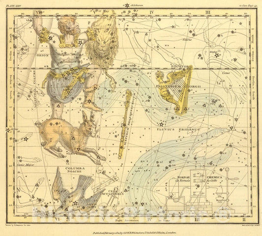 Historic Map : (Eridanus, Orion, Lepus, Columba, Cela Sculptoris, Psalterium Georgii, Horologium, Brandenburgium Sceptrum), 1822, Vintage Wall Art