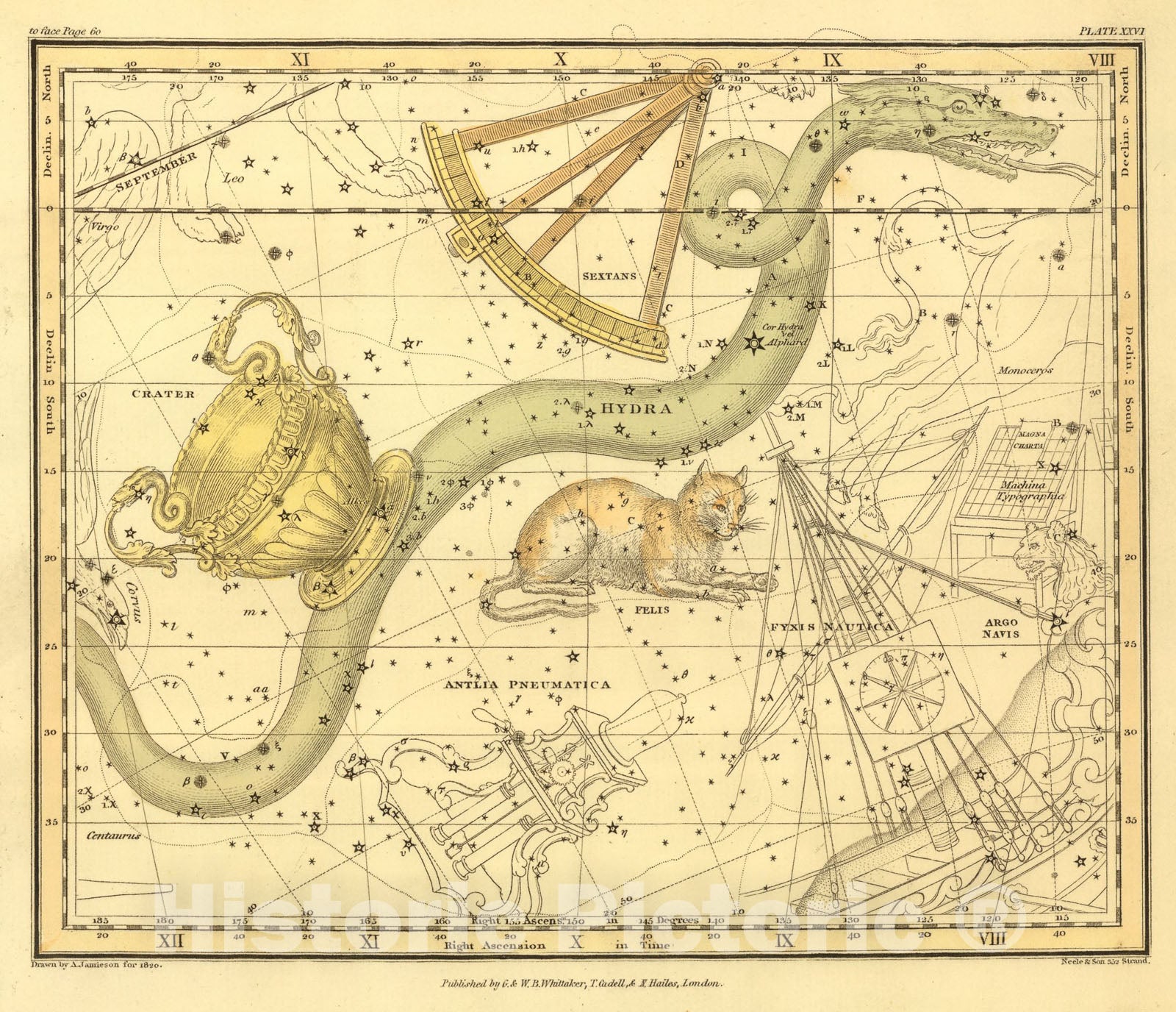Historic Map : (Hydra, Sextans Uraniae, Le Chat, La Machine Pneumatique), 1822, Vintage Wall Art