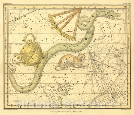 Historic Map : (Hydra, Sextans Uraniae, Le Chat, La Machine Pneumatique), 1822, Vintage Wall Art