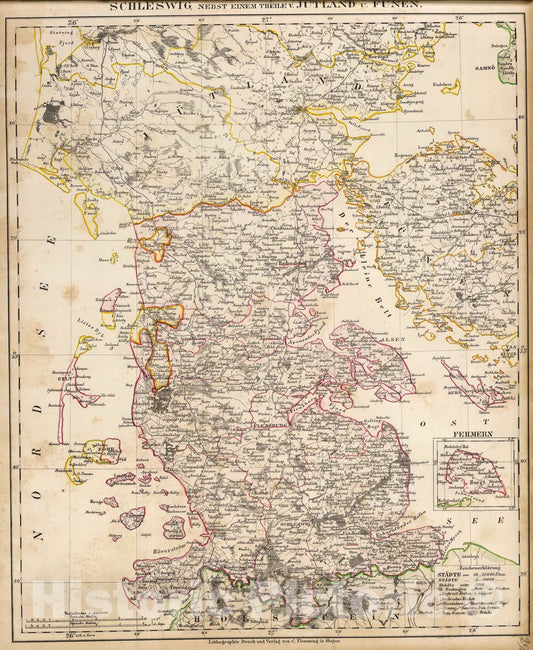 Historic Map : Schleswig, Jutland, Funen., 1855, Vintage Wall Art