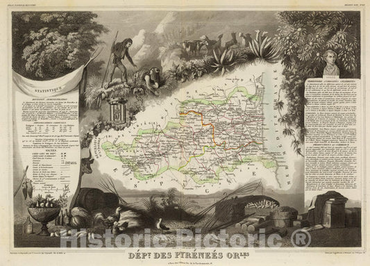 Historic Map : Dept. Des Pyrenees Orles., 1856, Vintage Wall Art