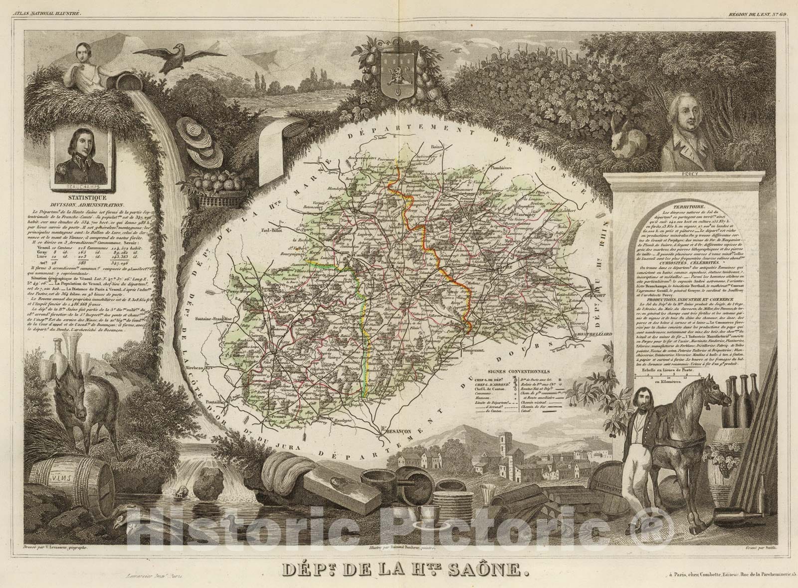Historic Map : Dept. De La Hte. Saone., 1856, Vintage Wall Art