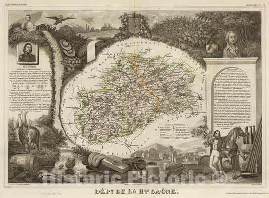 Historic Map : Dept. De La Hte. Saone., 1856, Vintage Wall Art