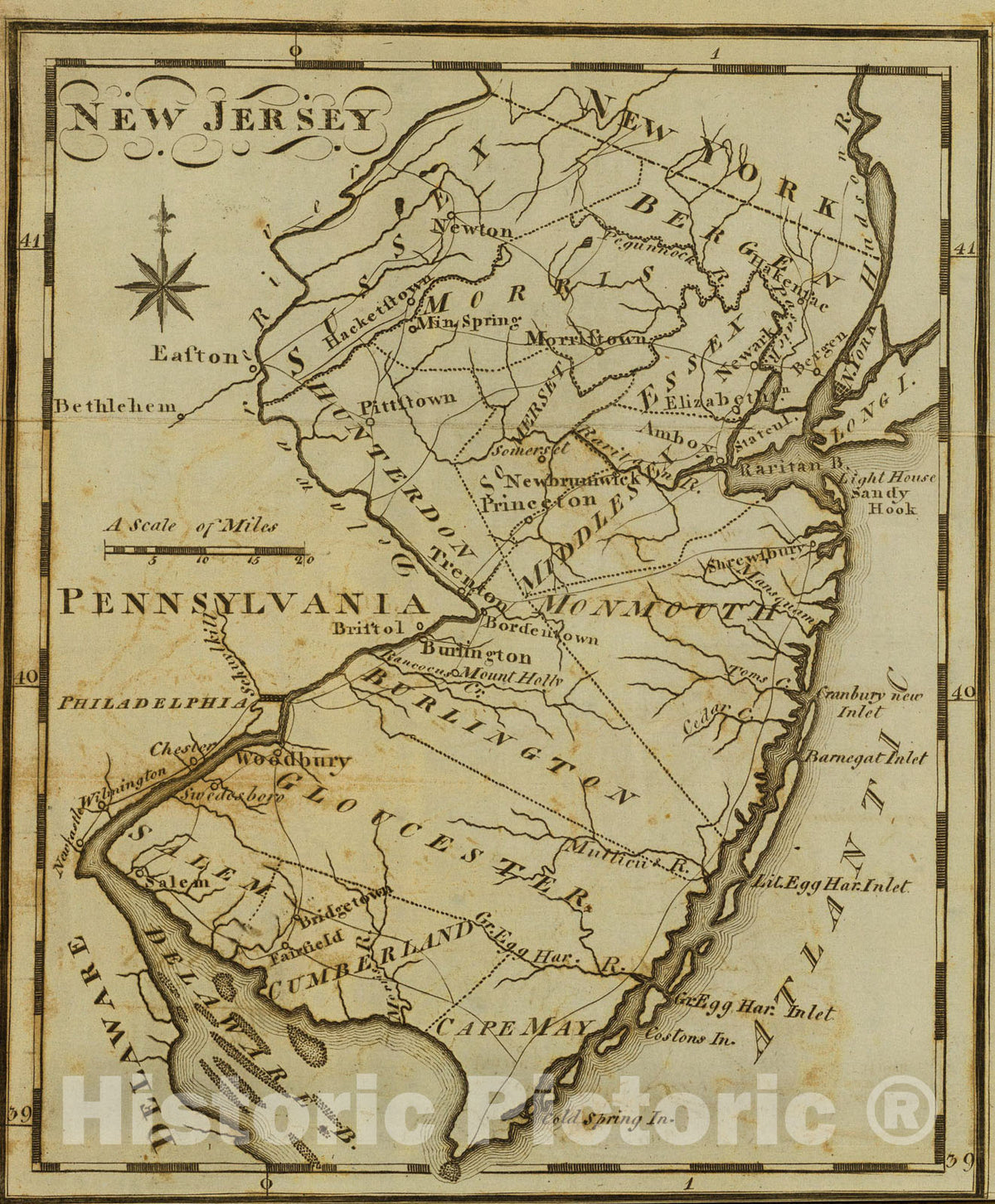 Historic Map : New Jersey., 1795, Vintage Wall Art
