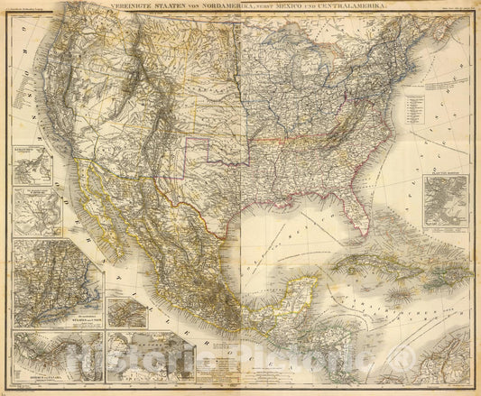 Historic Map : Composite: Vereinigte Staaten von NordAmerika, nebst Mexico und Centralamerika., 1865, Vintage Wall Art