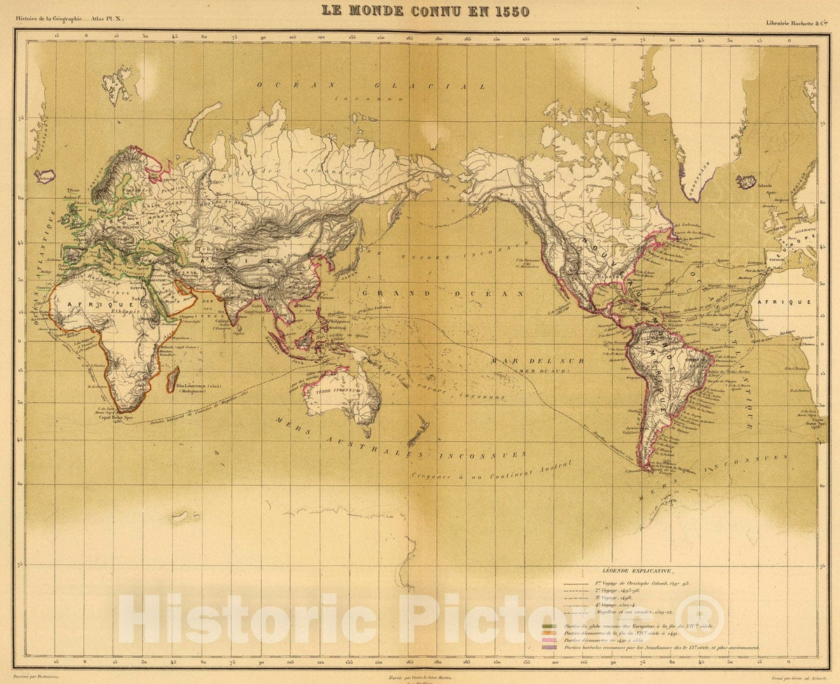 Historic Map : Le Monde connu en 1550., 1874, Vintage Wall Art