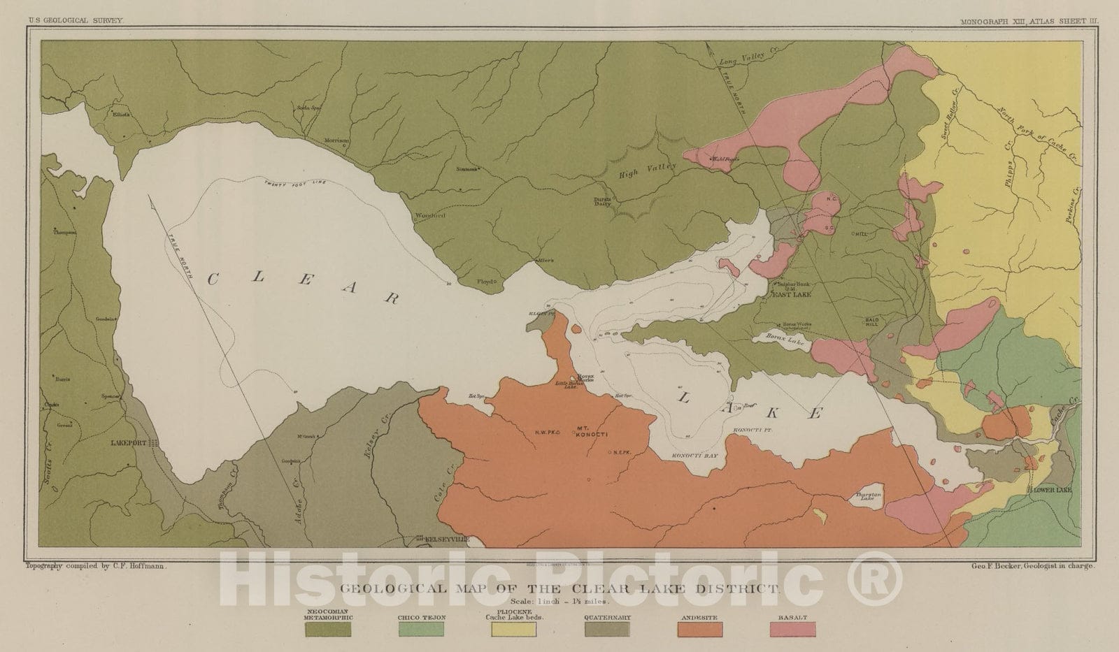 Historic Map : Geological Map of the Clear Lake District., 1887, Vintage Wall Art