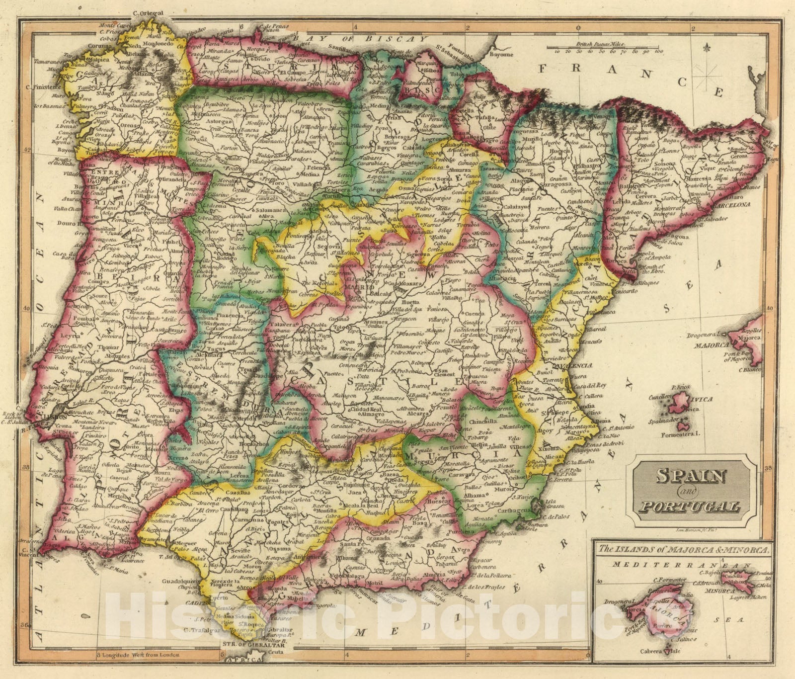 Historic Map : Spain and Portugal., 1822, Vintage Wall Art