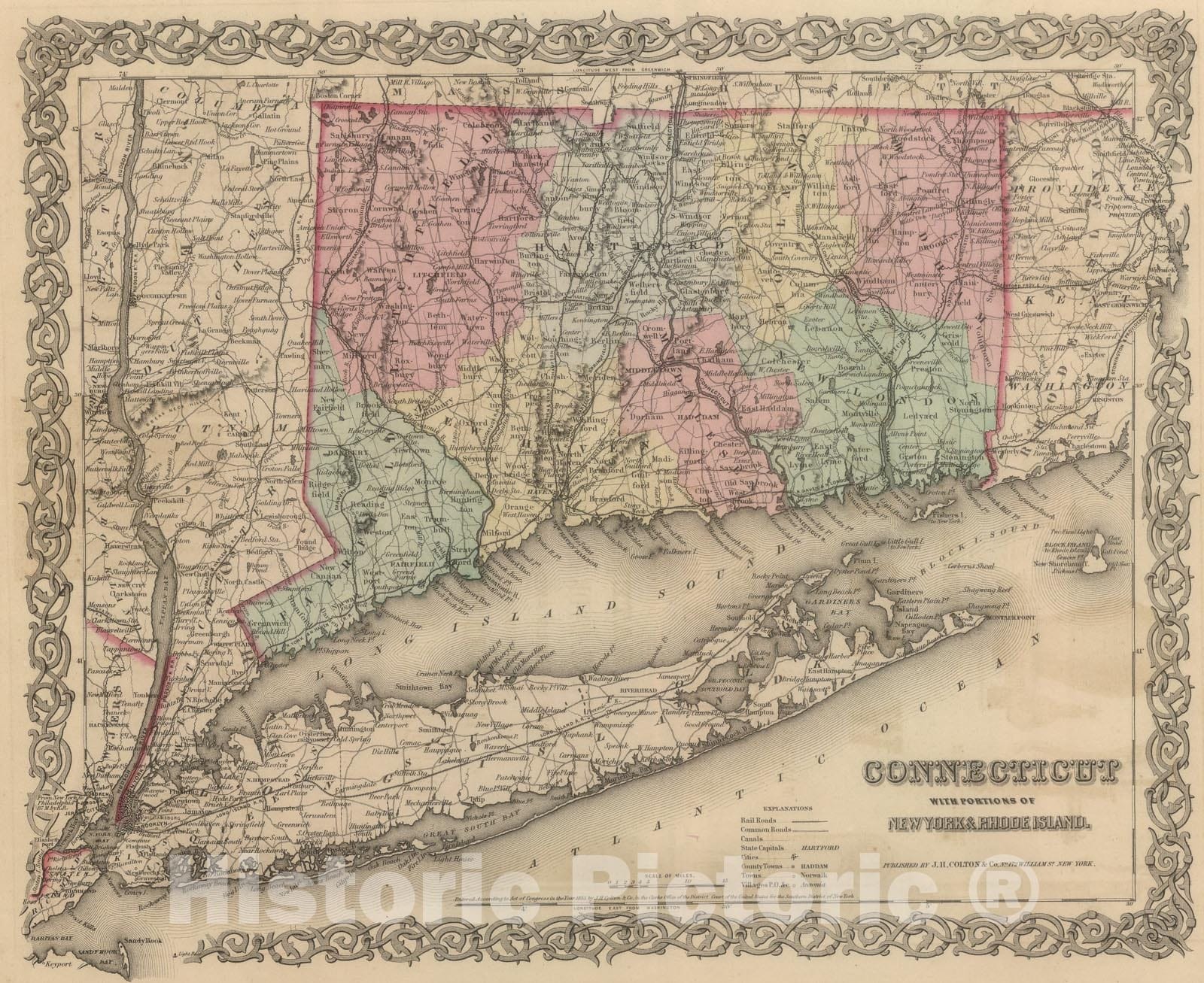 Historic Map : Connecticut with Portions of New York and Rhode Island., 1857, Vintage Wall Art