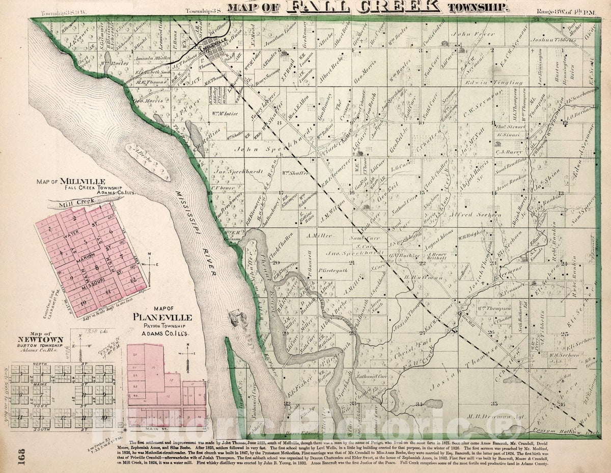 Historic Map : Fall Creek Township, Adams County, Illinois. Millville. Newtown. Planeville., 1872, Vintage Wall Art