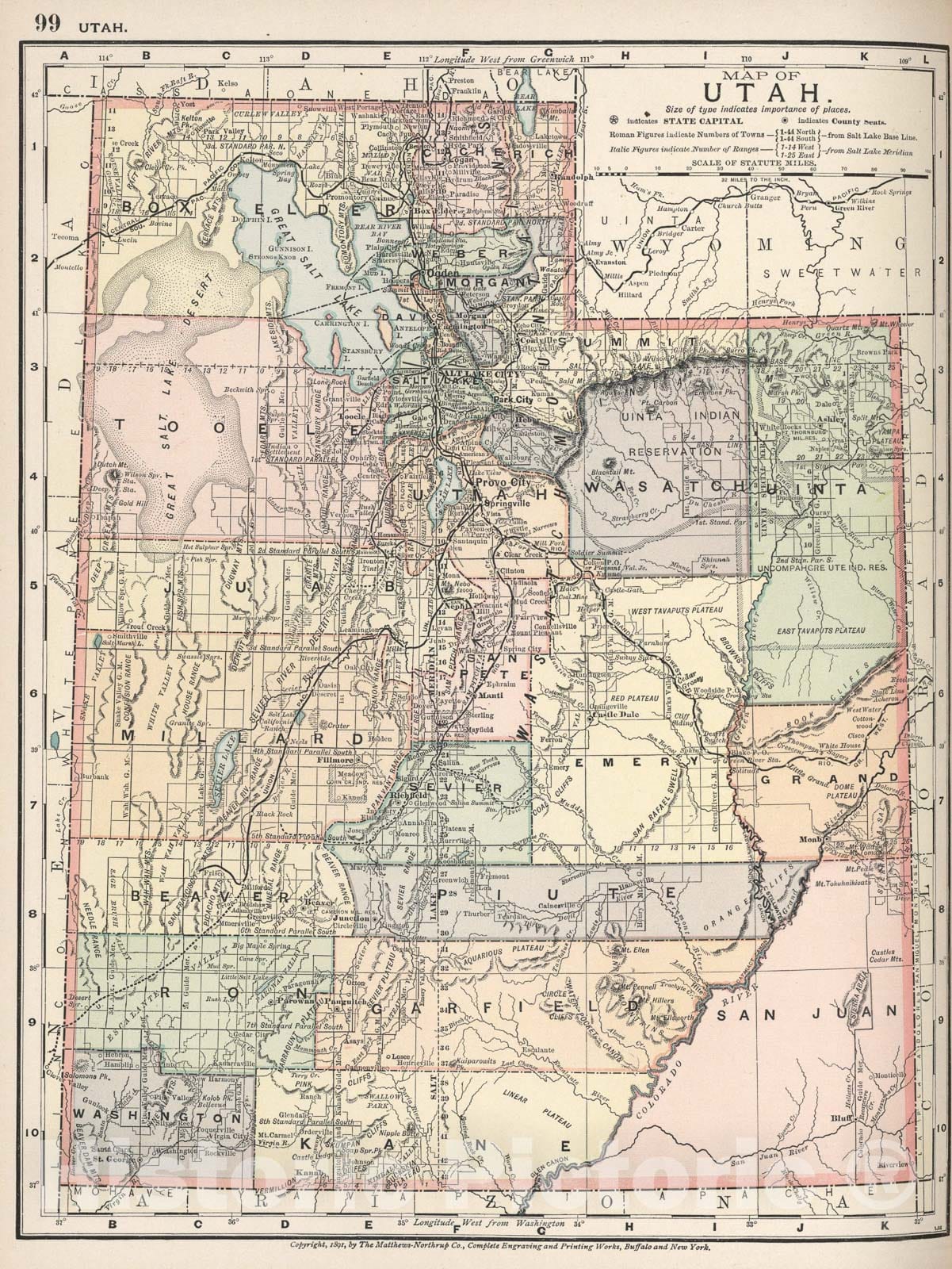 Historic Map : Map of Utah. 99, 1891, Vintage Wall Art