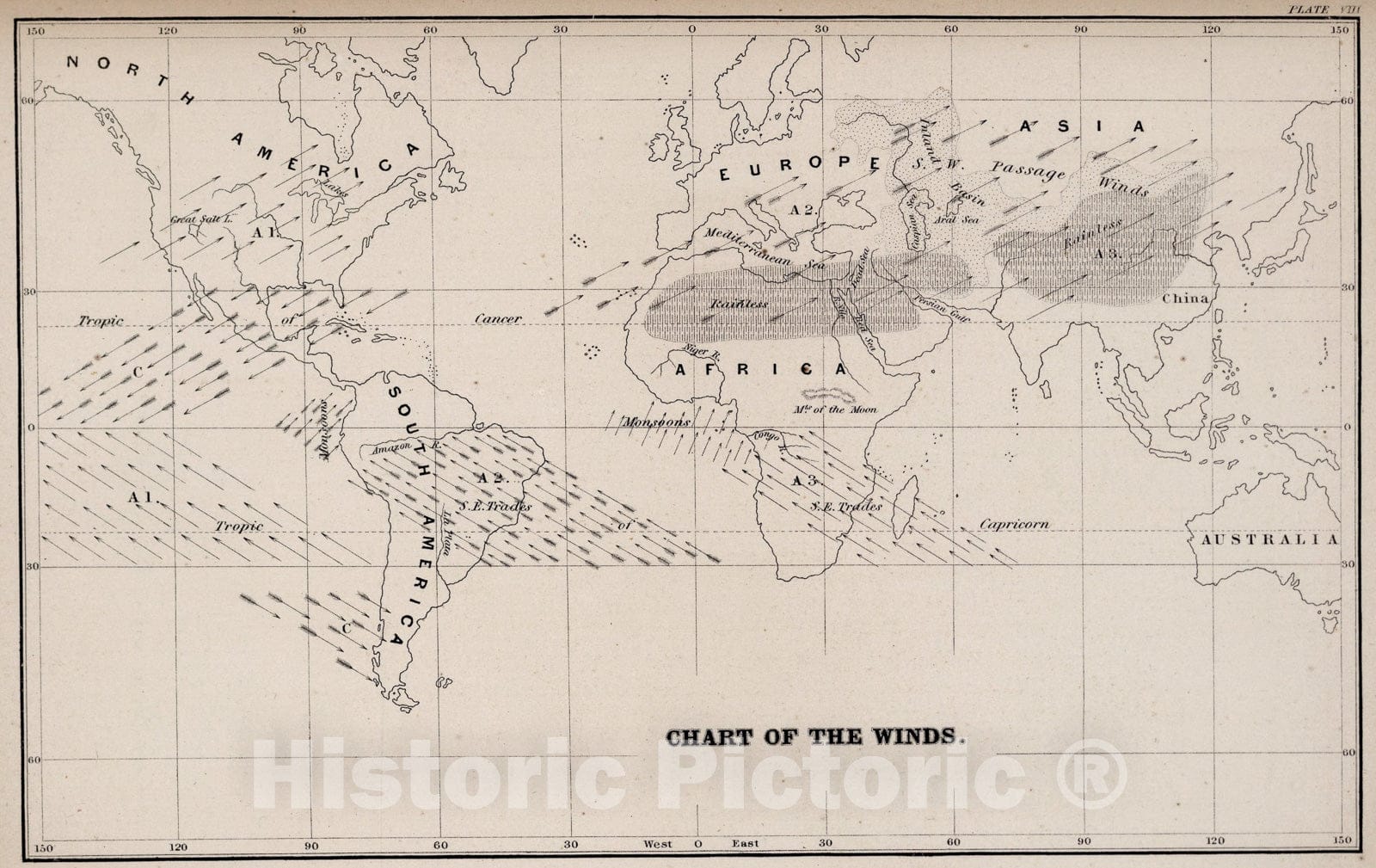 Historic Map : Chart of the winds, 1856, Vintage Wall Art