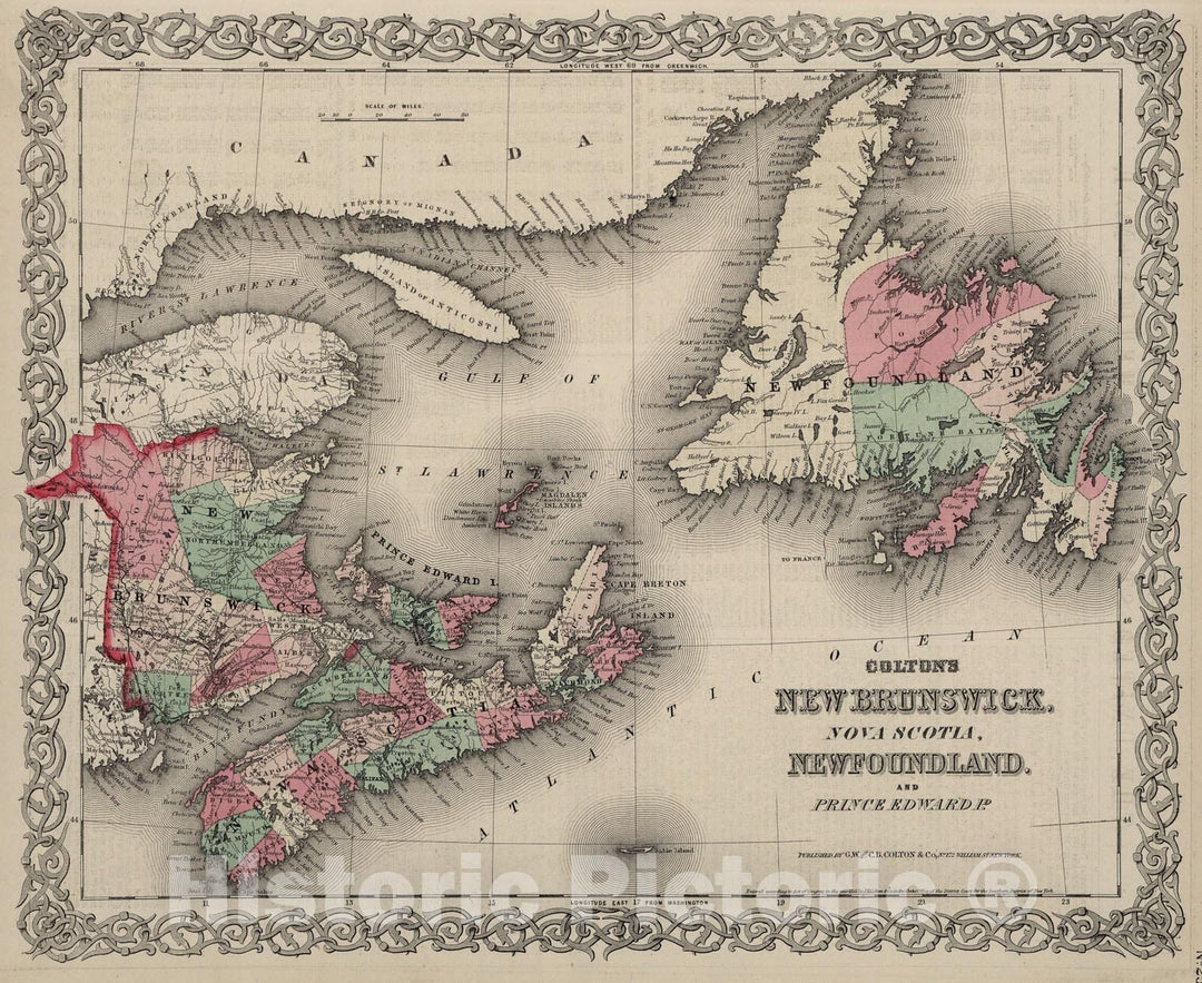Historic Map : New Brunswick, Nova Scotia, Newfoundland. And Prince Edward Island., 1869, Vintage Wall Art