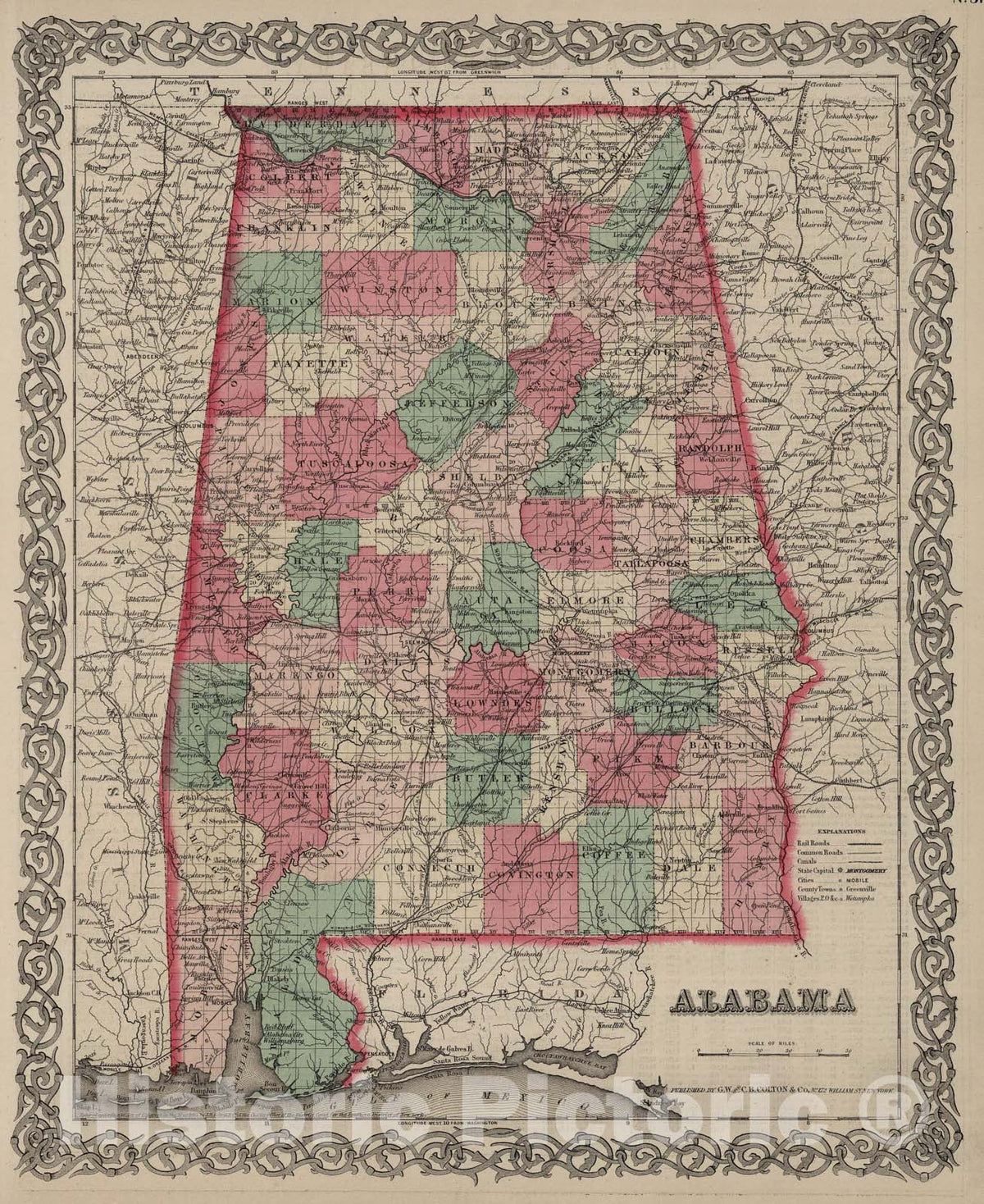 Historic Map : Alabama., 1869, Vintage Wall Art