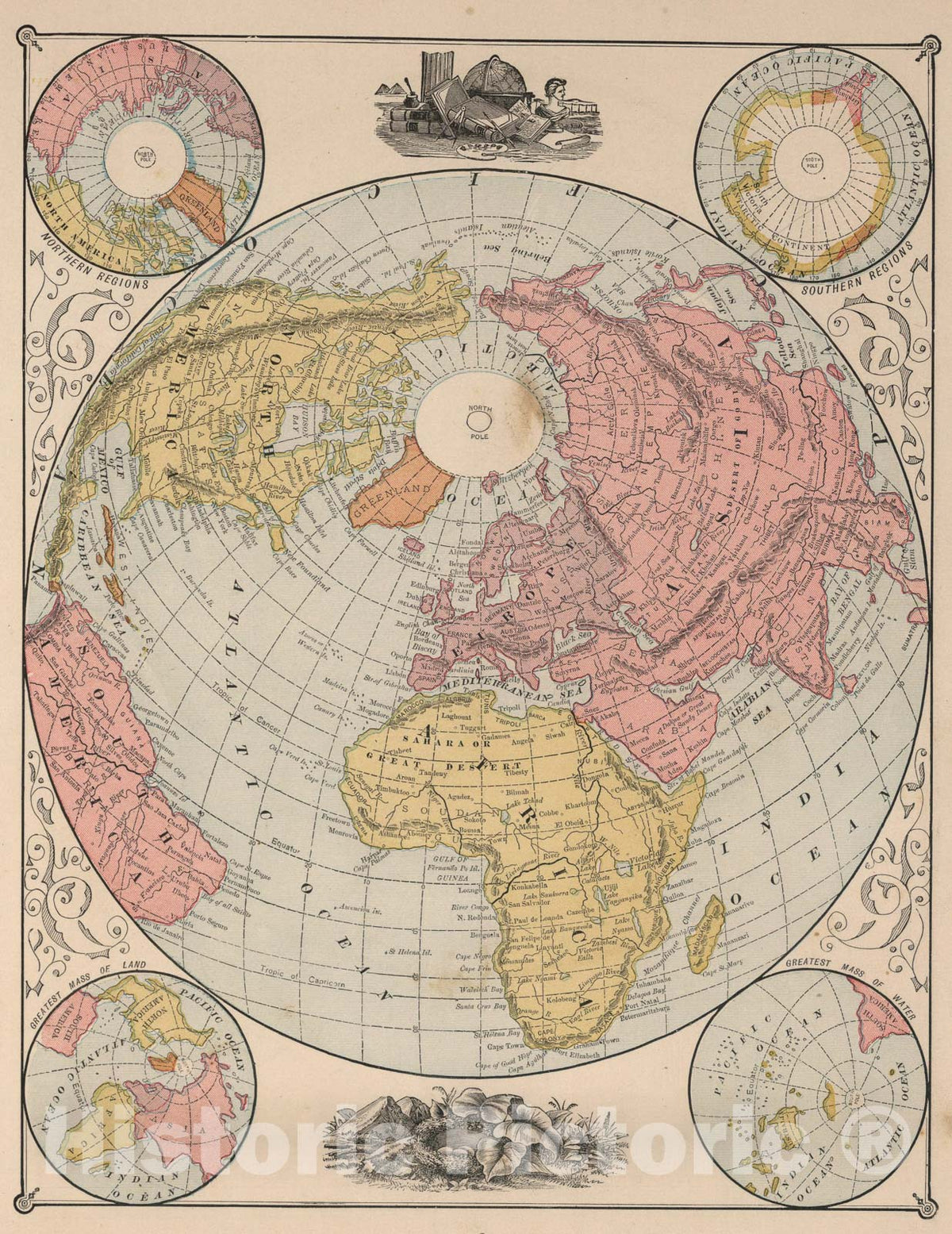 Historic Map : Hemispheres., 1883, Vintage Wall Art