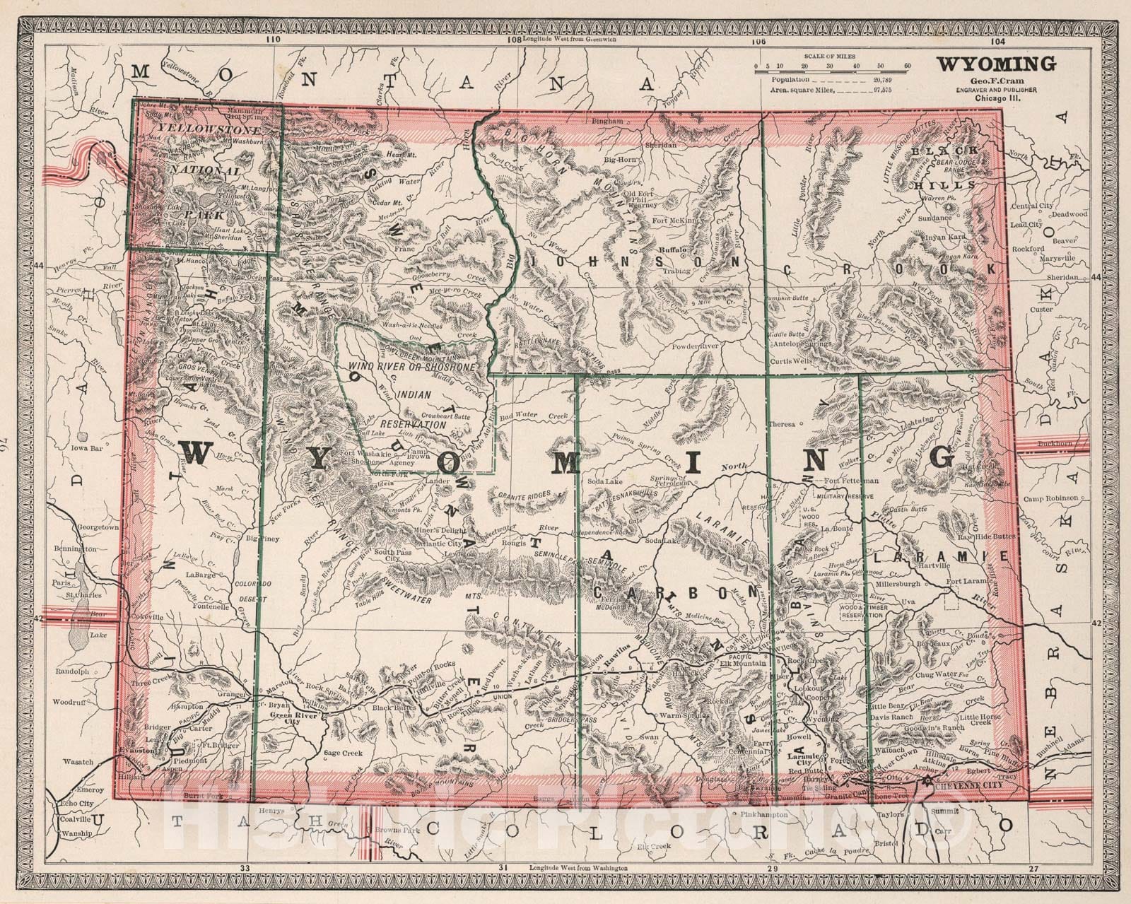 Historic Map : Wyoming., 1883, Vintage Wall Art