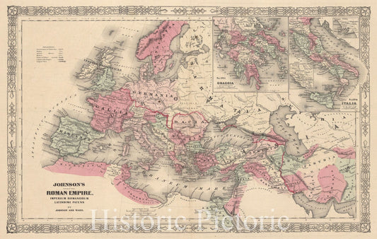 Roman Empire with Insets Greece and Italy - Road Map, 1864 - Historical Map Print