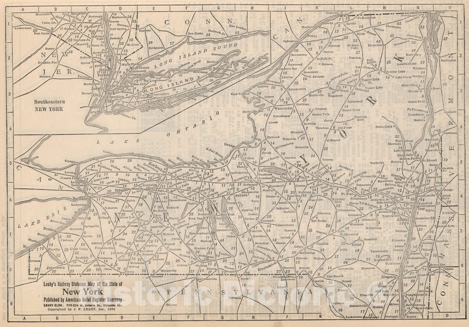 Historic Map : (Continues) Railway Distance Map of the State of New York, 1934, Vintage Wall Art