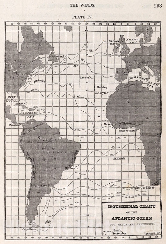 Historic Map : IV. Isothermal chart of the Atlantic Ocean for March and September, 1857, Vintage Wall Art