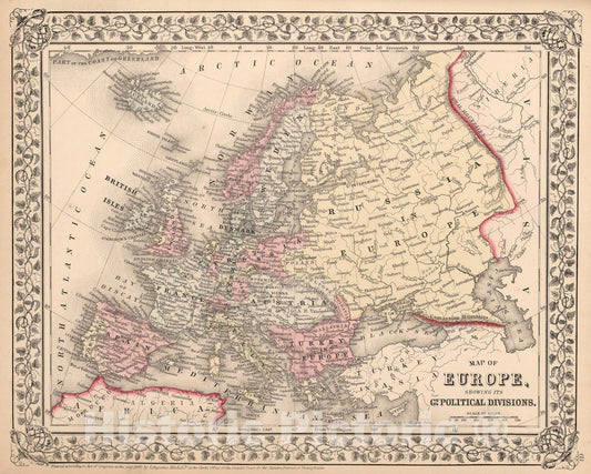 Historic Map : Map of Europe, Showing its Gt. Political Divisions, 1868, Vintage Wall Art