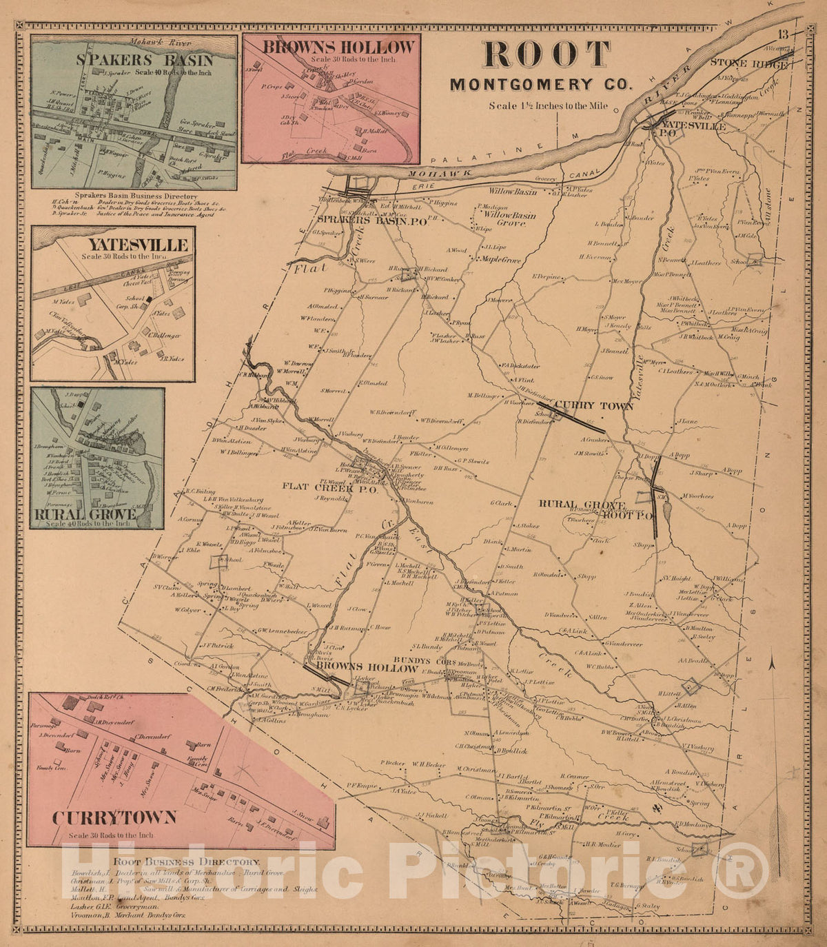 Historic Map : Root, Montgomery County, New York. Spakers Basin. Browns Hollow. Yatesville. Rural Grove. Currytown., 1868, Vintage Wall Art