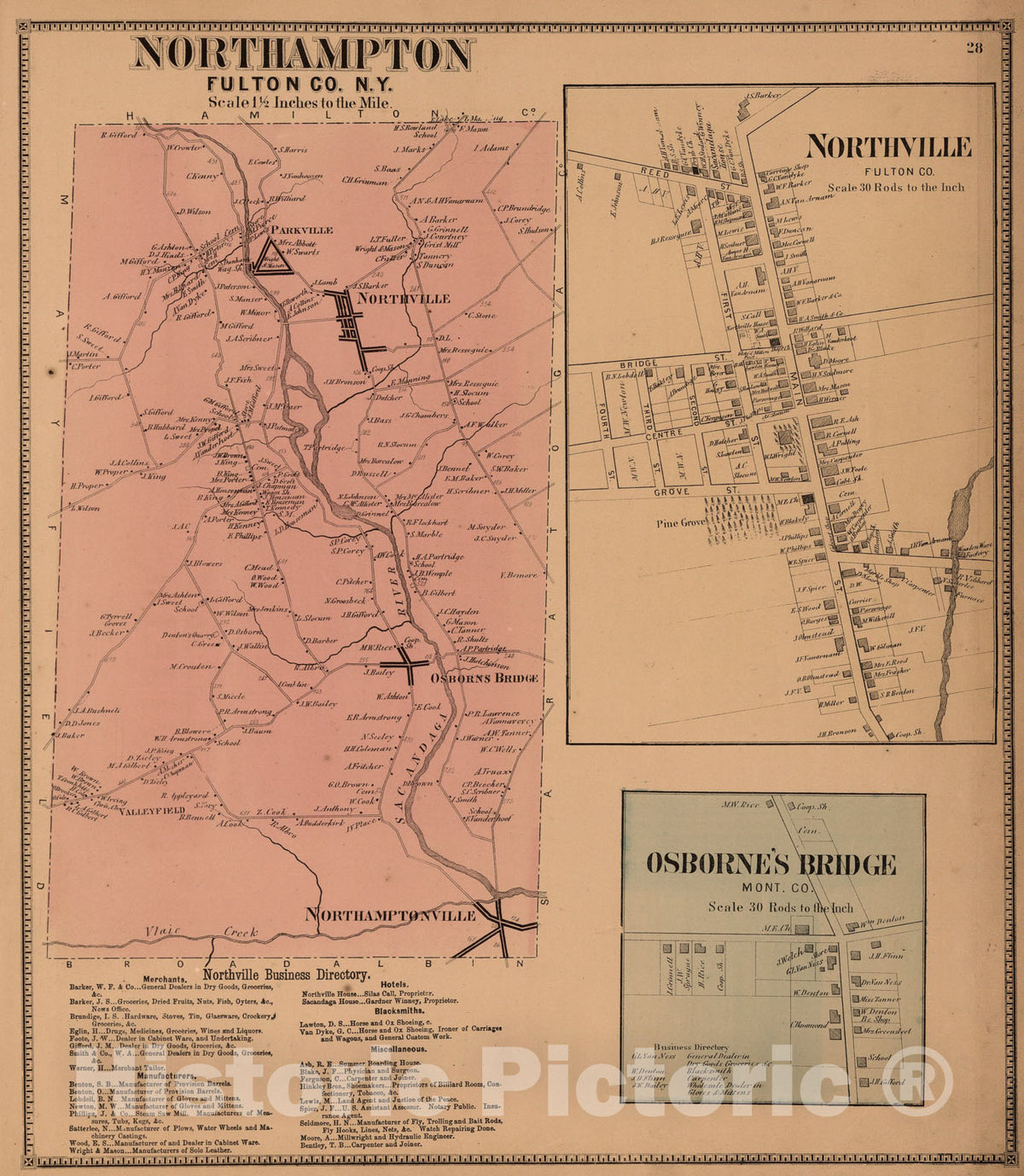 Historic Map : Northampton, Fulton County, New York. Northville. Osborne's Bridge., 1868, Vintage Wall Art