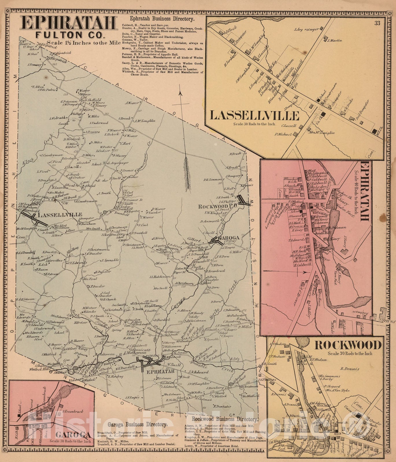 Historic Map : Ephratah, Fulton County, New York. Lassellville. Ephratah. Rockwood., 1868, Vintage Wall Art