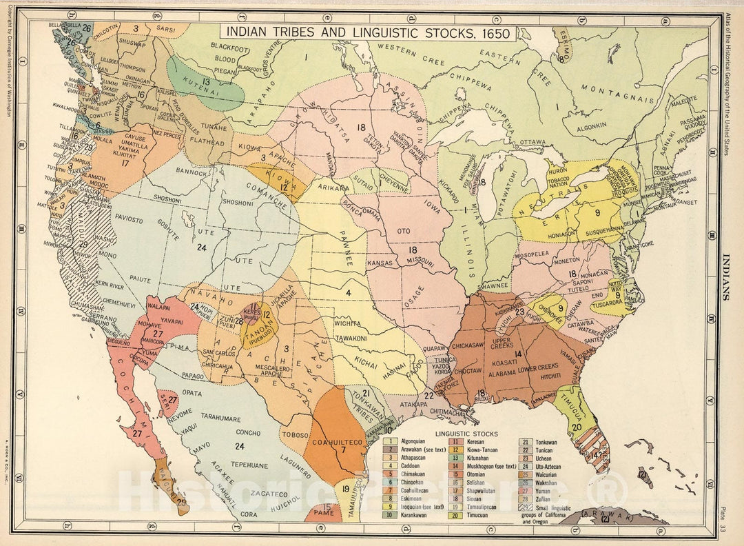 Historic Map : Plate 33. Facsimile Cartography 1492-1867. Indian Tribes and Linguistic Stocks, 1650., 1650, Vintage Wall Art