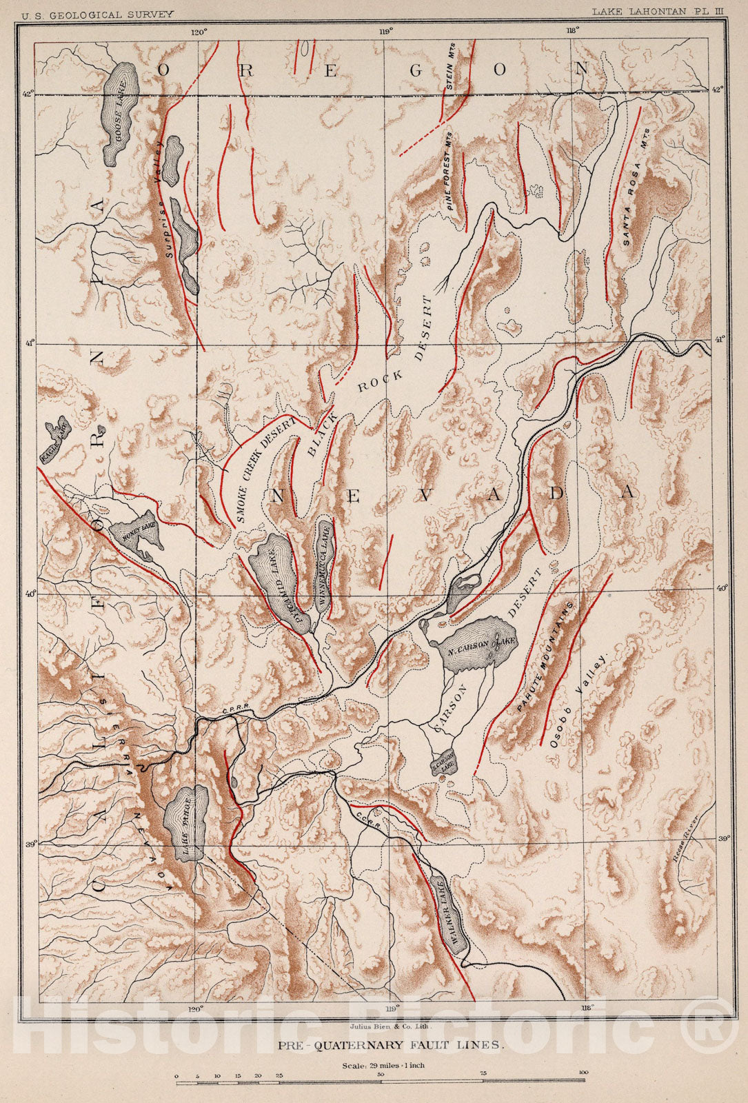 Historic Map : Plate III: Pre-Quternary fault lines, 1885, Vintage Wall Art