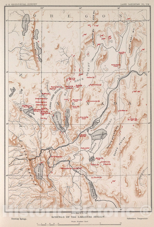 Historic Map : Plate VIII: Springs of the Lahontan Region, 1885, Vintage Wall Art