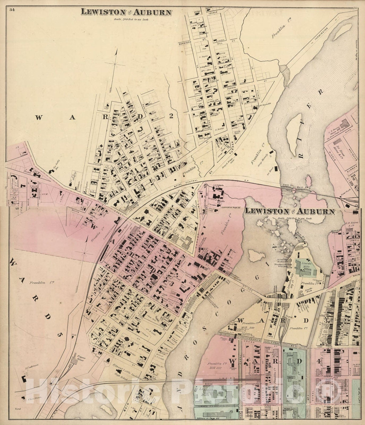 Historic Map : Composite: Lewiston and Auburn, Androscoggin County, Maine., 1873, Vintage Wall Art