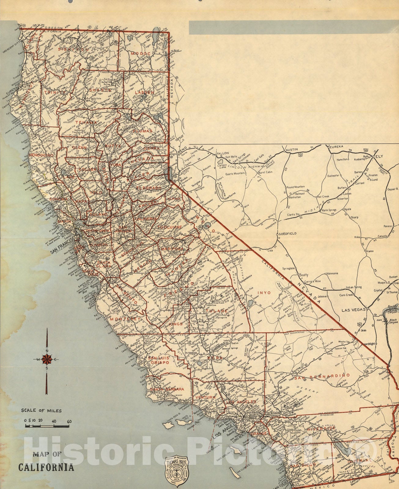 Historic Map : (County and Road) Map of California., 1938, Vintage Wall Art