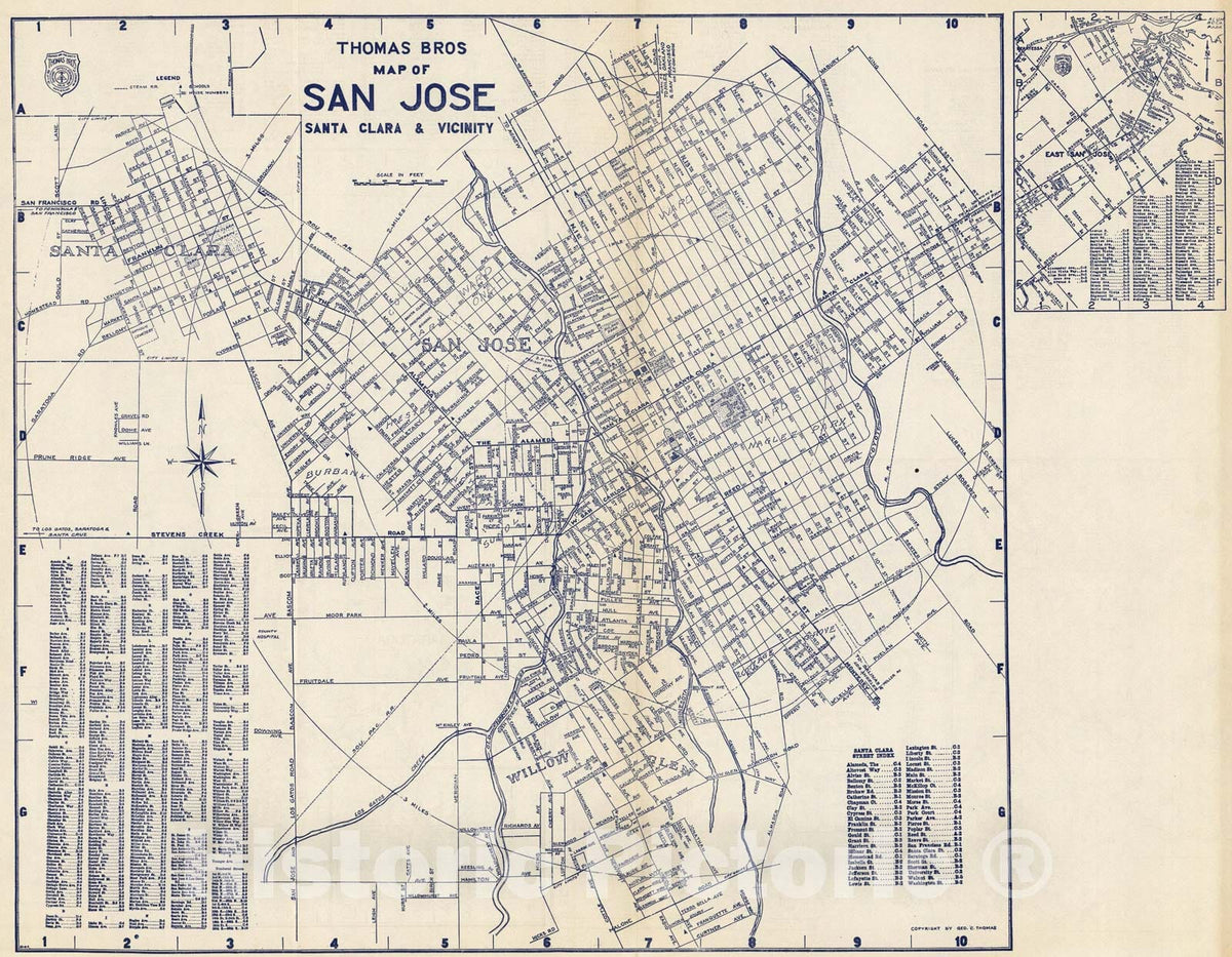 Historic Map : Thomas Bros Map of San Jose, Santa Clara & Vicinity, California., 1938, Vintage Wall Art