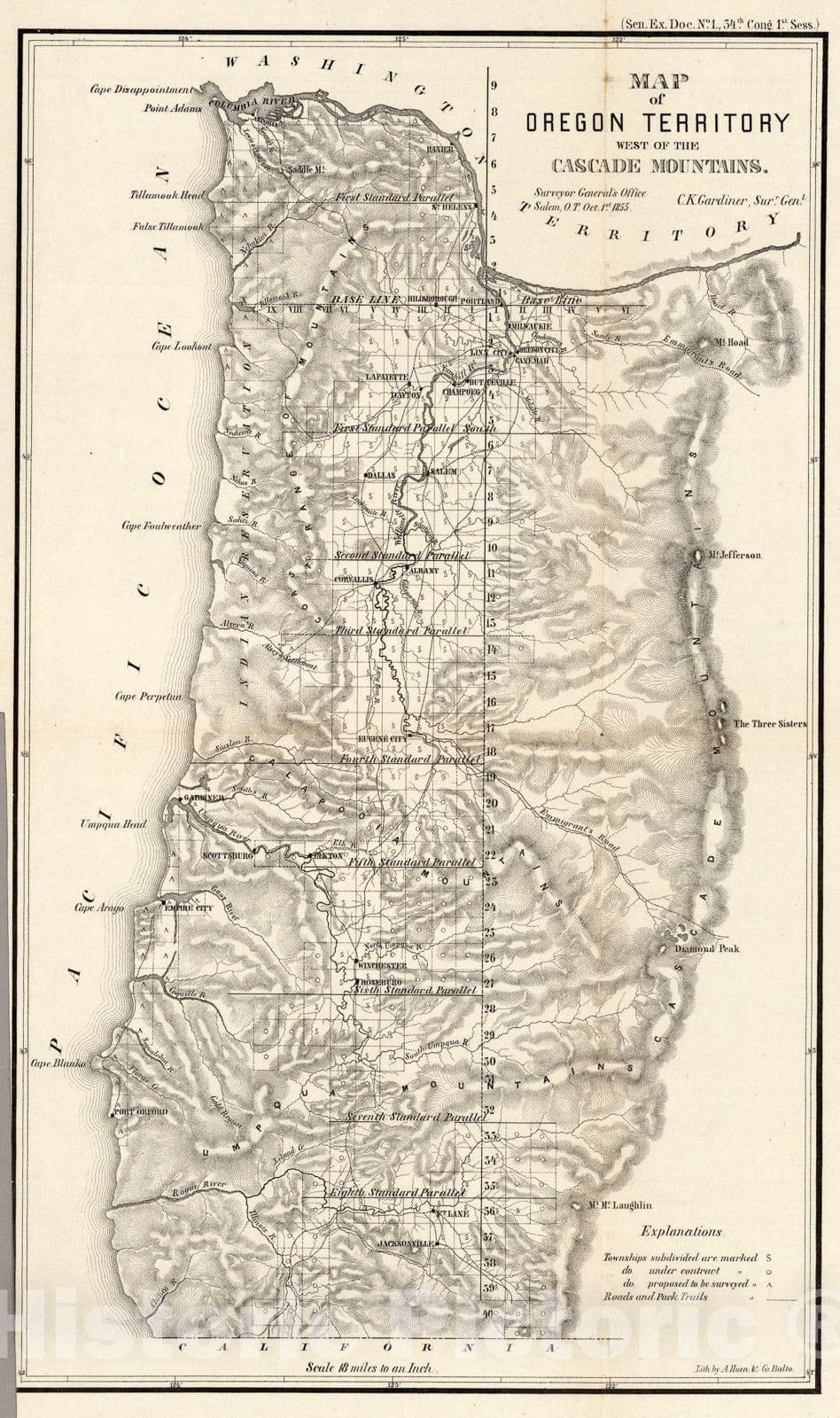 Historic Map : Map of Oregon Territory West of Cascade Mountains, 1855, Vintage Wall Art