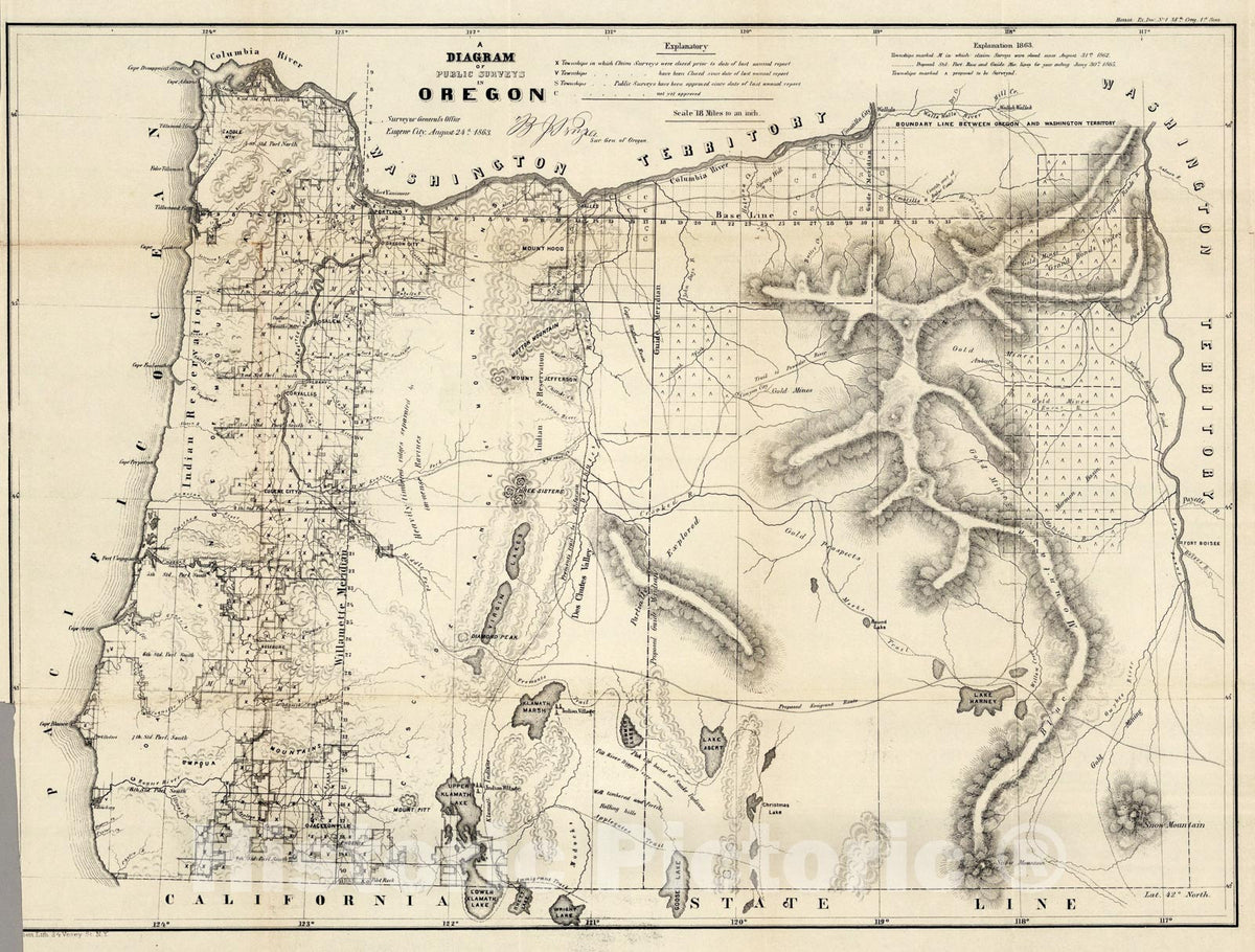 Historic Map : A Diagram of Oregon, 1863, Vintage Wall Art