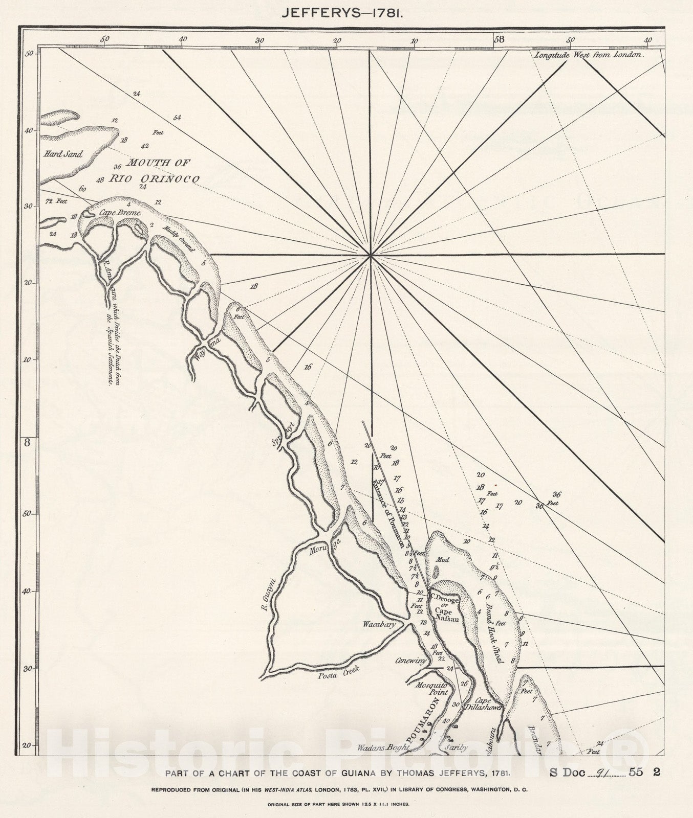 Historic Map : (Facsimile) Part of Chart of the Guiana Coast by Jefferys., 1781, Vintage Wall Art
