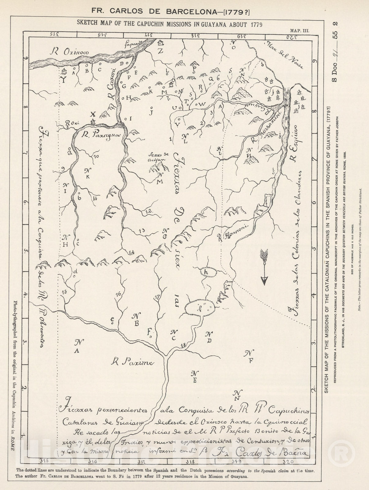 Historic Map : Capuchin Missions of Guayana by Carlos de Barcelona., 1779, Vintage Wall Art