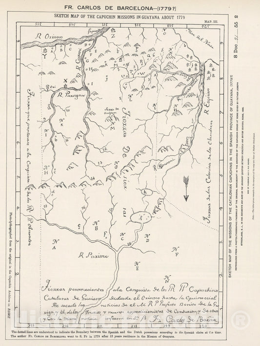 Historic Map : Capuchin Missions of Guayana by Carlos de Barcelona., 1779, Vintage Wall Art