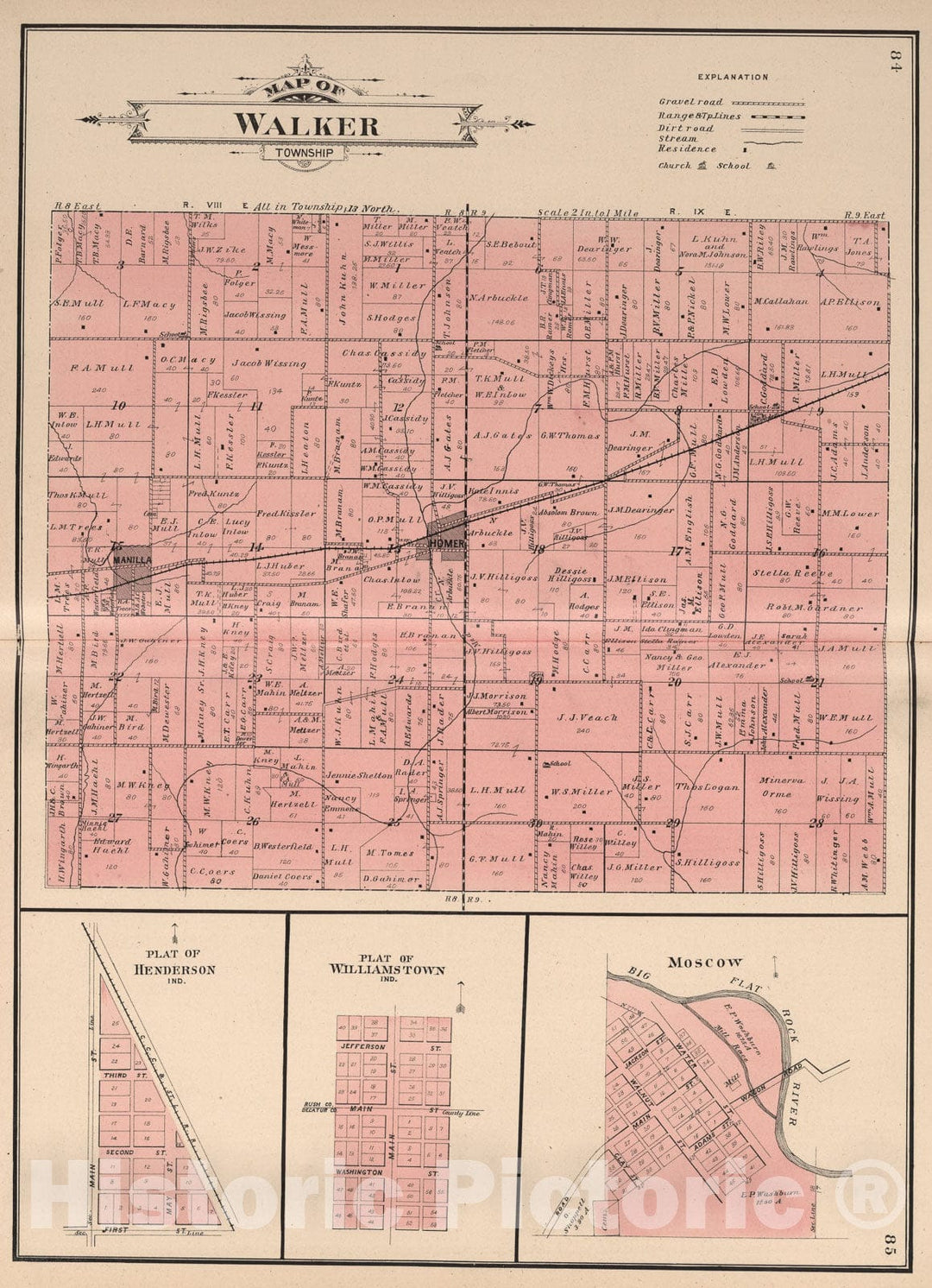 Historic Map : Walker Township, Rush County, Indiana. Henderson. Williamstown. Moscw., 1908, Vintage Wall Art