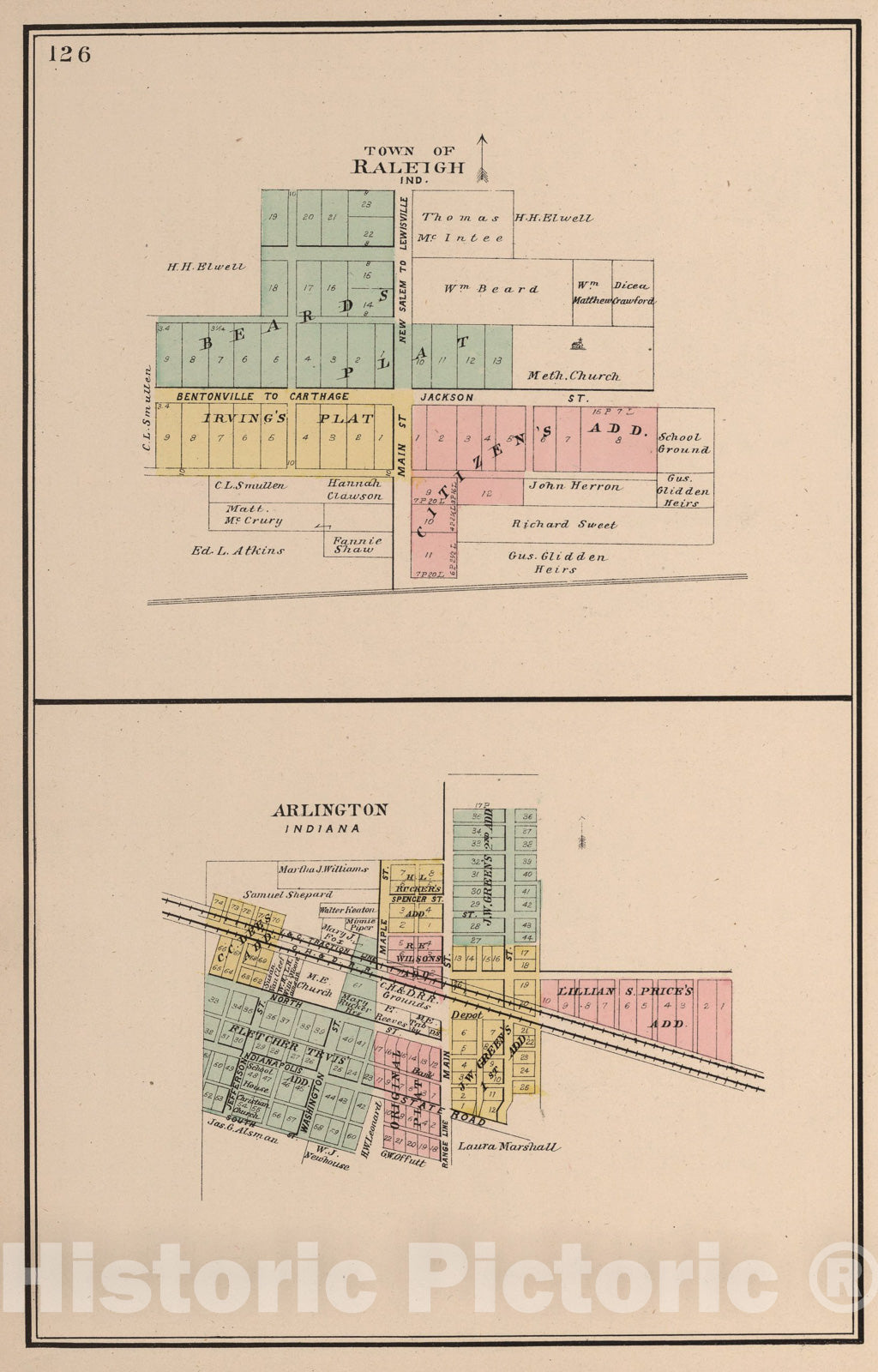 Historic Map : Raleigh and Arlington, Rush County, Indiana., 1908, Vintage Wall Art